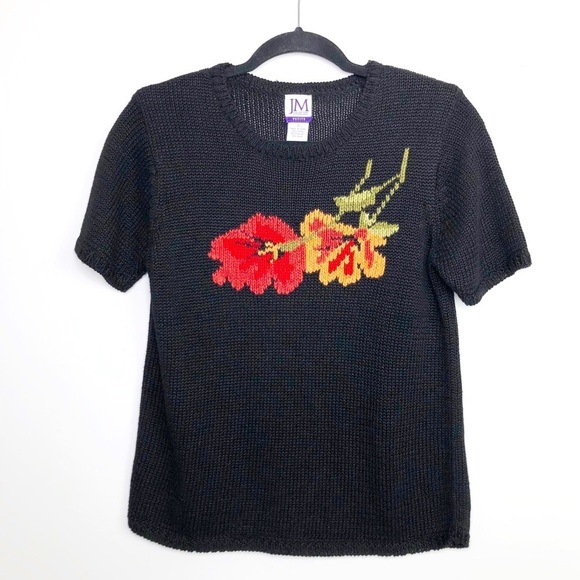 J M collections vintage graphic image petite black knit sweater - Picture 1 of 8